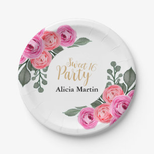 Chic Flora Dusty Pink Rose Gold Sweet 16 Party Paper Plate