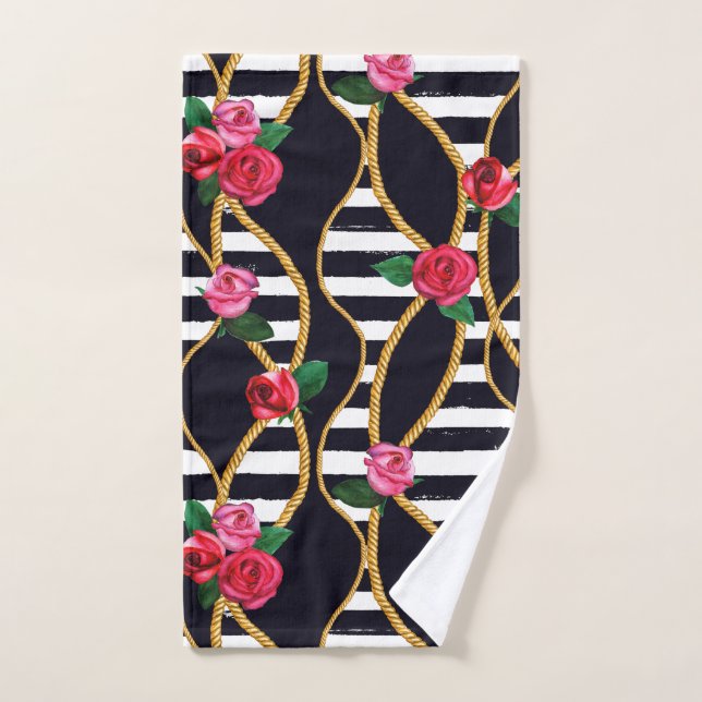 Chic Floral and Rope Pattern with Bold Stripes Bath Towel Set (Hand Towel)