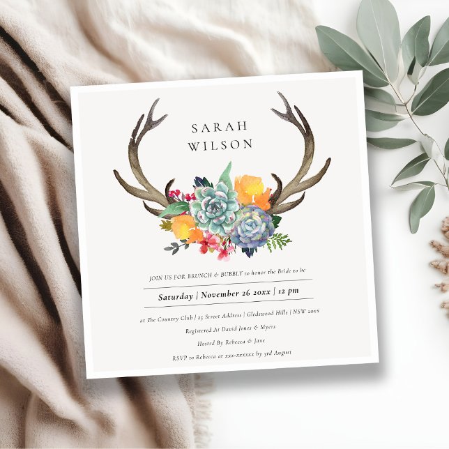 CHIC FLORAL ANTLER BRUCH & BUBBLY BRIDAL SHOWER INVITATION (Creator Uploaded)