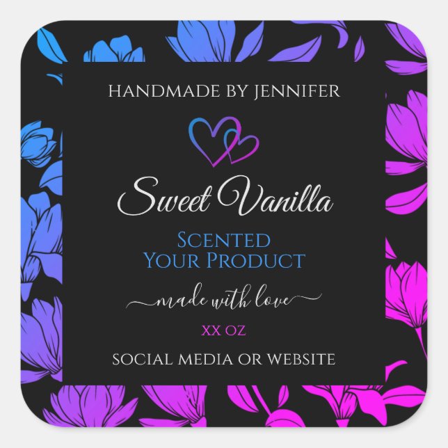 Chic Floral Black Blue Pink Coloured Product Label (Front)