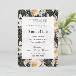 Chic Floral Black Cream Leopard Animal Birthday Invitation