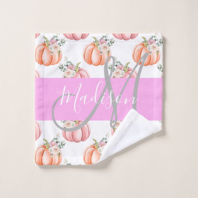Chic Floral Blanc rose Pêche Citrouille Nom du mon (Gant de toilette)