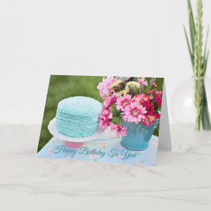 Chic floral bleu et rose de carte d'anniversaire