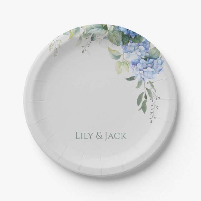 Chic Floral Blue Hydrangea Event Wedding  Paper Plate (Front)