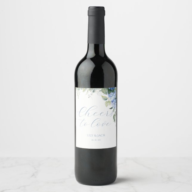 Chic Floral Blue Hydrangea Event Wedding  Wine Label (Front)