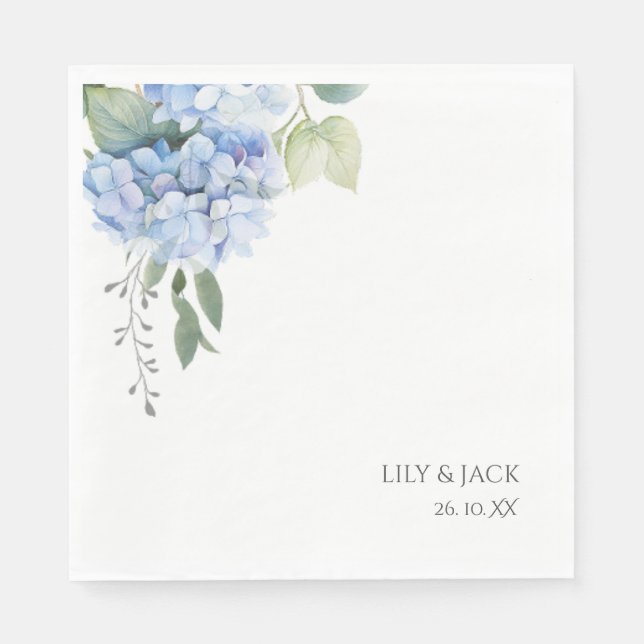 Chic Floral Blue Hydrangea Wedding White Napkin (Front)