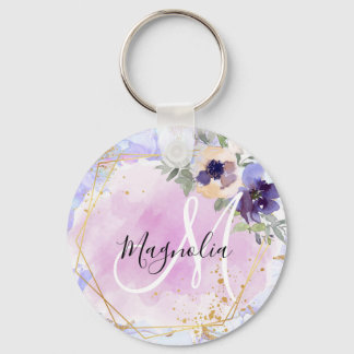 Chic Floral Blue Pink Gold Rainbow Marble Monogram Keychain