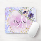 Chic Floral Blue Pink Gold Rainbow Marble Monogram Mouse Pad (With Mouse)