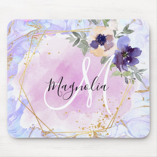 Chic Floral Blue Pink Gold Rainbow Marble Monogram Mouse Pad (Front)