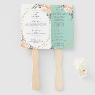 Chic Floral Blush Gold Mint Green Wedding Program Hand Fan