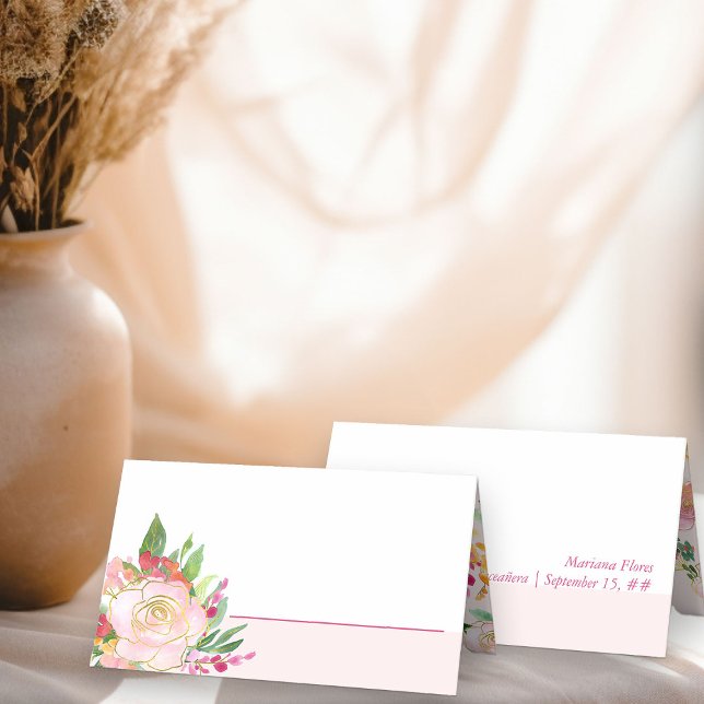 Chic Floral Blush Pink and Gold Flower Place Card (Personalized Place Cards from my Floral Chic Quinceanera Collection
)
