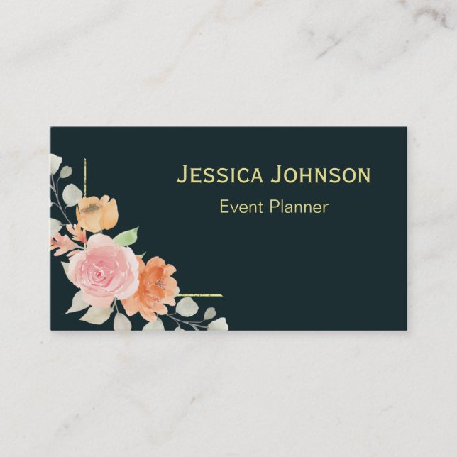 Chic Floral Border Monogram Business Card (Front)