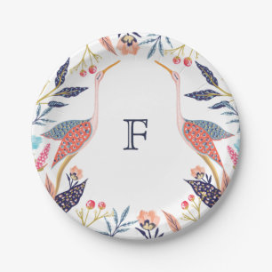 Chic Floral Botanical Monogram Stork Baby Shower Paper Plate