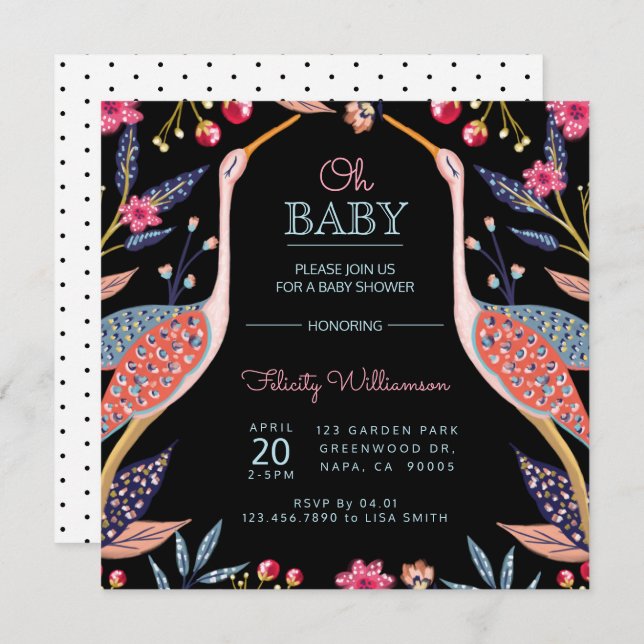 Chic Floral Botanical Stork Baby Shower Invitation (Front/Back)