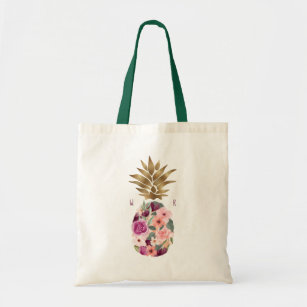 Chic Floral Botanical Watercolor Golden Pineapple Tote Bag