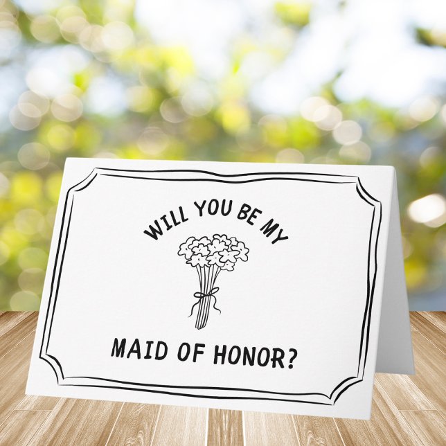 Chic Floral Bow Bouquet Maid of Honour Proposal Card (cute maid of honor card with a minimalist bouquet of flowers in a hand drawn sketch style.)