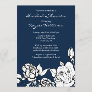 Chic Floral  Bridal Shower Invitation Dark Blue