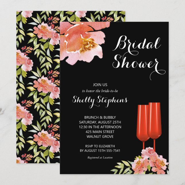 Chic Floral Brunch and Bubbly Bridal Shower Invitation (Front/Back)
