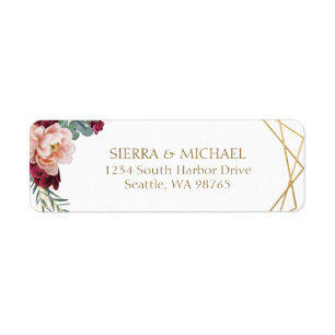 Chic Floral Burgundy Gold Wedding Return Address