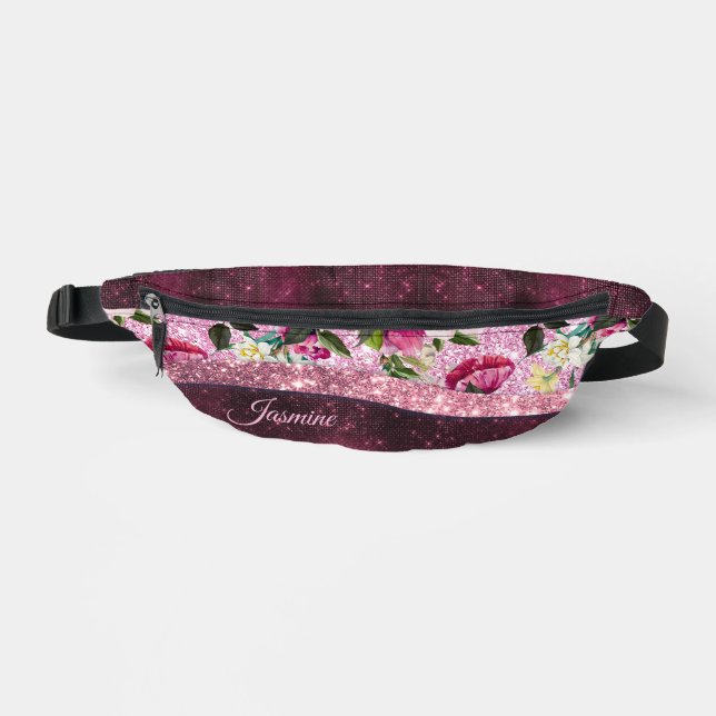 Chic floral Burgundy pink purple glitter monogram Fanny Pack (Front)