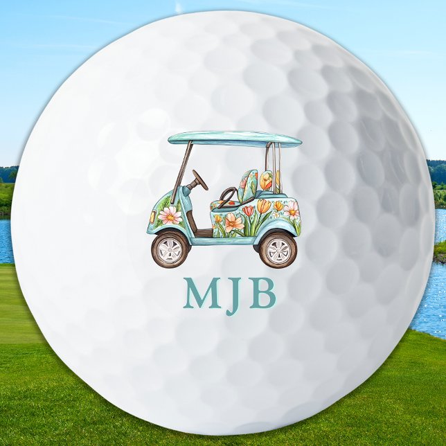 Chic Floral Cart Personalized 3 Initial Monogram Golf Balls (Creator Uploaded)