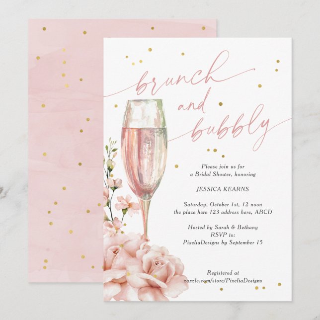 Chic  floral champagne flutes brunch and bubbly invitation (Front/Back)