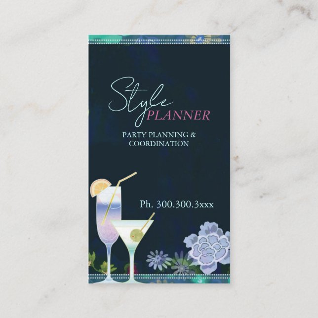 Chic Floral Cocktails Party Planner Business Card (Front)