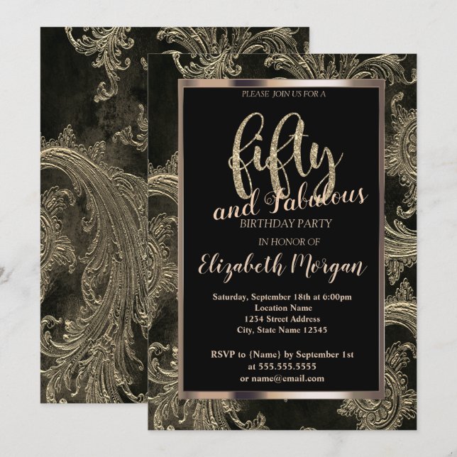 Chic Floral Damask Frame 50th Birthday  Invitation (Front/Back)