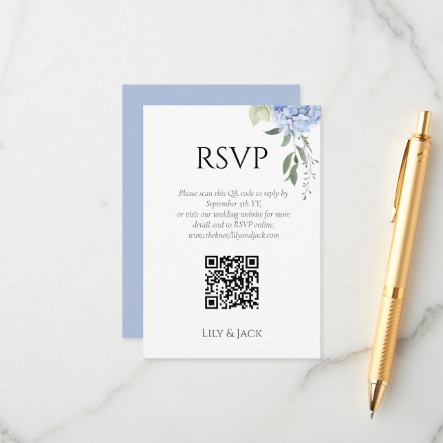 Chic Floral Dusty Blue Hydrangea Wedding RSVP Enclosure Card (Front/Back In Situ)