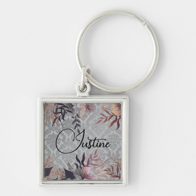 Chic Floral Elegant Damask Personalized   Keychain (Front)