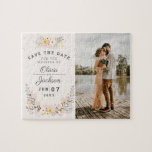 chic floral engagement photo save the date jigsaw puzzle<br><div class="desc">This chic floral wedding save the date is the perfect look for your wedding.</div>