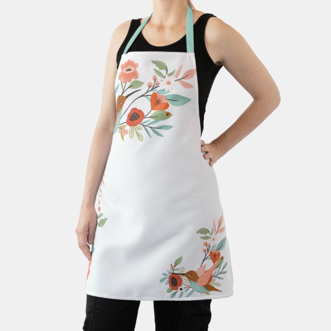 Chic Floral Girly Hummingbird Design White Apron (Insitu)
