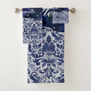 Chic floral glitateur Marine Blue Silver Monogramm