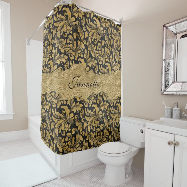 Chic Floral glittery Faux Black Gold Monogram (In Situ)