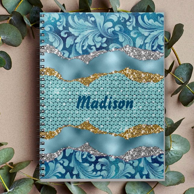 Chic floral glittery gold Turquoise teal monogram Notebook (Creator Uploaded)