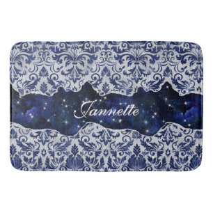 Chic floral glittery Navy Blue Silver Monogram Bath Mat