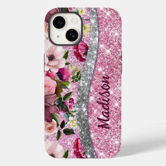 Chic floral glittery Purple pink silver monogram  Case-Mate iPhone Case (Back)