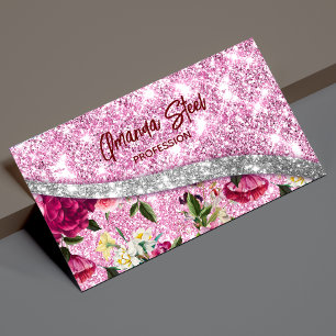 Chic floral glittery Purple pink silver monogram Magnetic Business Card