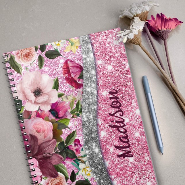 Chic floral glittery Purple pink silver monogram Notebook (Creator Uploaded)