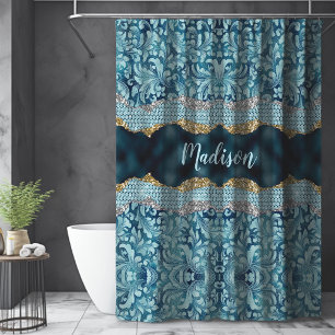 Chic floral glittery Teal Turquoise gold monogram