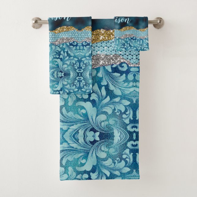 Chic floral glittery Teal Turquoise gold monogram Bath Towel Set (Insitu)
