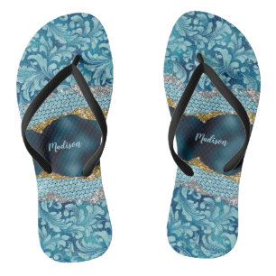 Chic floral glittery Teal Turquoise gold monogram Flip Flops