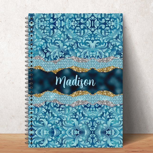 Chic floral glittery Teal Turquoise gold monogram Notebook (Creator Uploaded)
