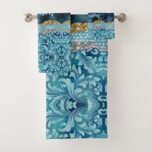 Chic floral glittery Turquoise Turquoise or monogr