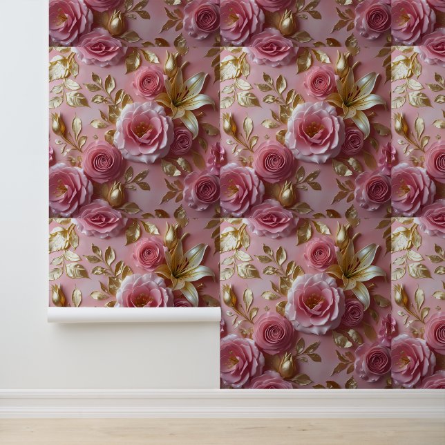 Chic Floral Gold Peel and Stick  Wallpaper (Application)
