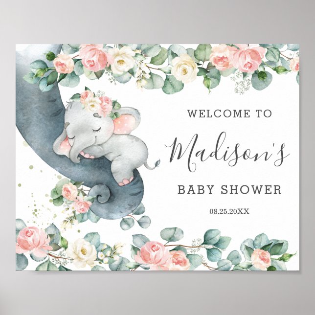 Chic Floral Greenery Elephant Baby Shower Welcome Poster (Front)