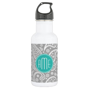 Chic Floral Grey Paisley Pattern & Blue Monogram 532 Ml Water Bottle