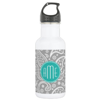 Chic Floral Grey Paisley Pattern & Blue Monogram 532 Ml Water Bottle