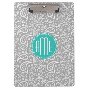Chic Floral Grey Paisley Pattern & Blue Monogram Clipboard