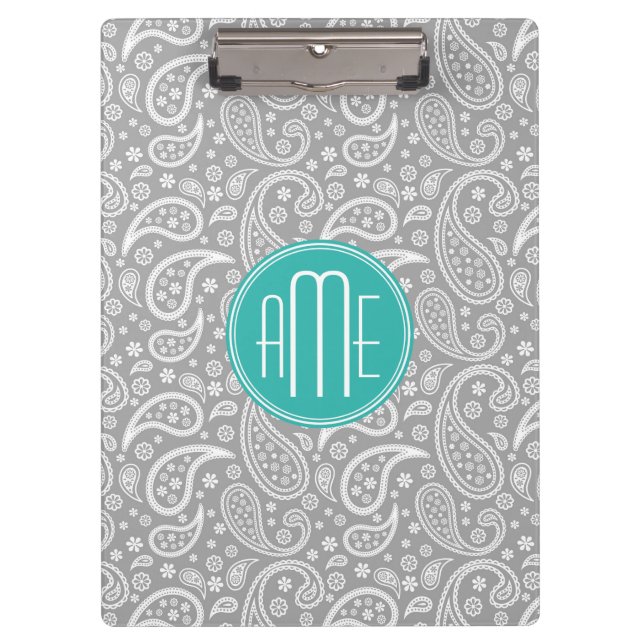 Chic Floral Grey Paisley Pattern & Blue Monogram Clipboard (Front)